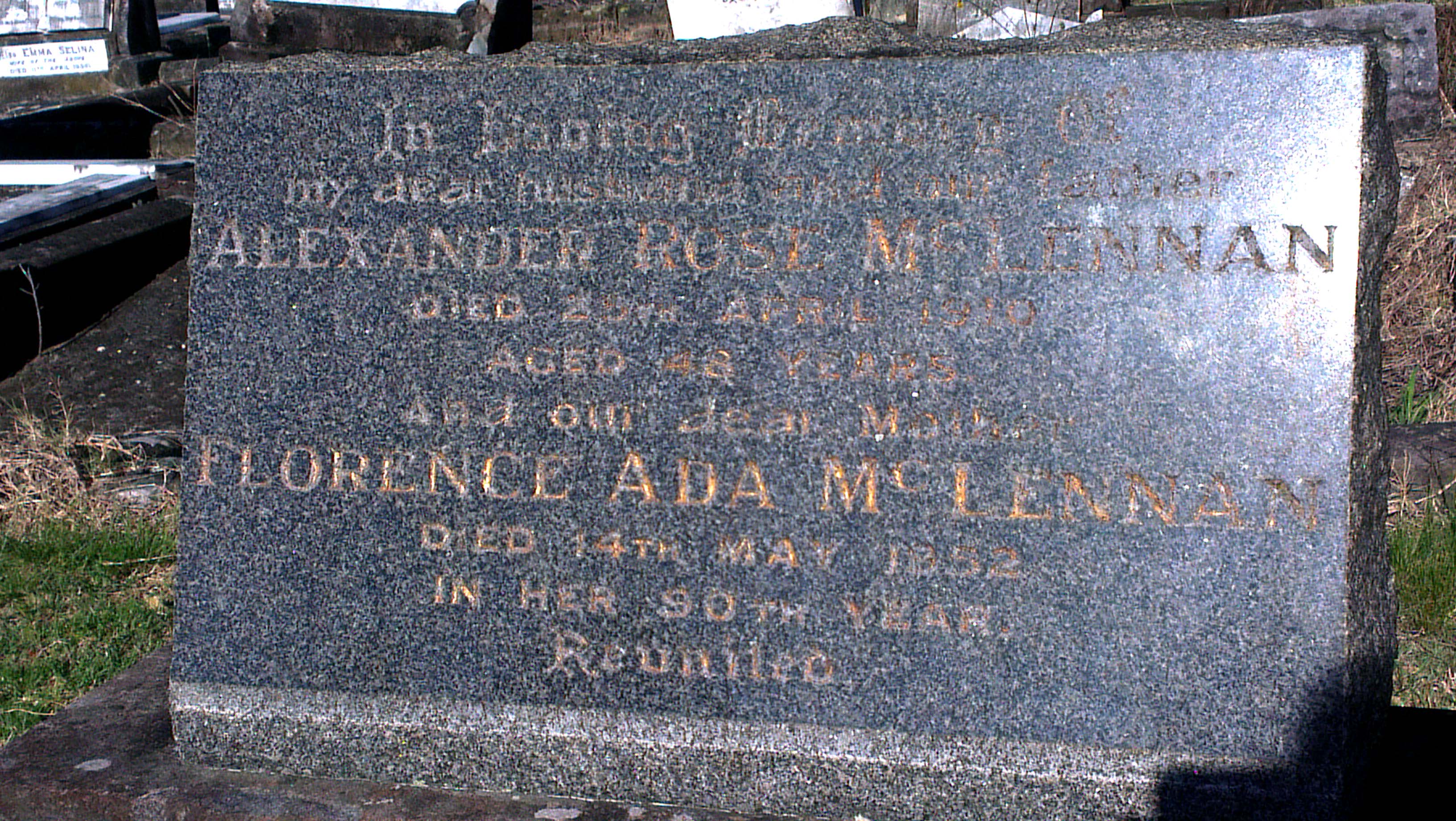 Photo of headstones/Alexander Rose McLennan (d1910) hdstn Manly cem